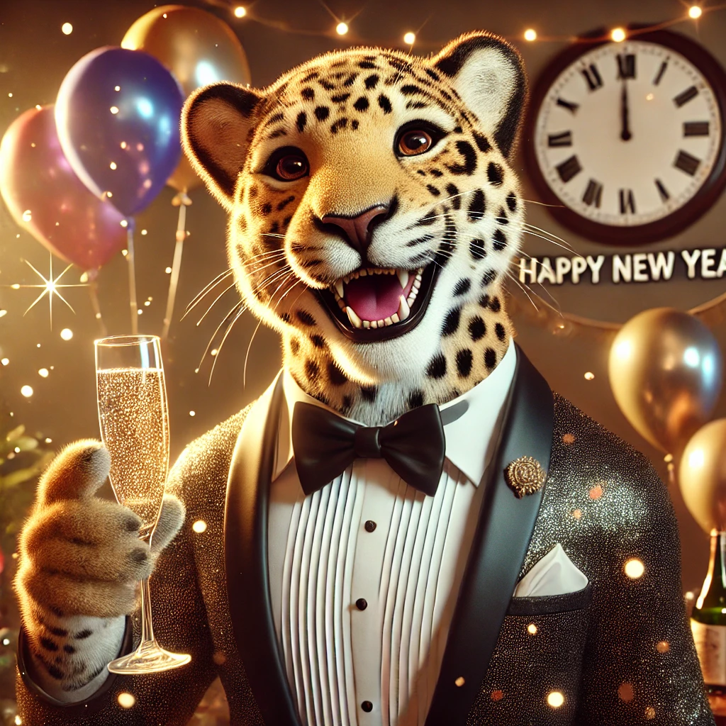 dall·e 2024 12 31 12.06.05 a professional quality highly detailed 4k photorealistic image of an anthropomorphic leopard celebrating new years eve. the leopard has human like f 1